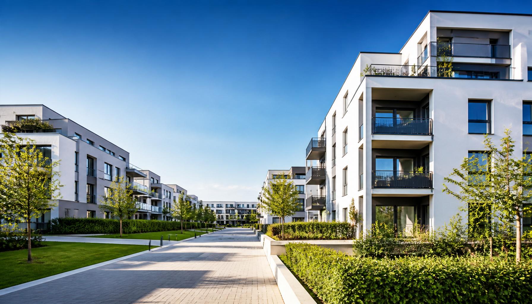 Modern residential apartment buildings in a clean blue sky setting